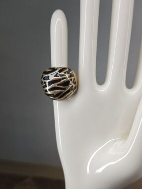 Vintage Chunky Black and Gold Animal Zebra Print Unique Bold Dome Ring